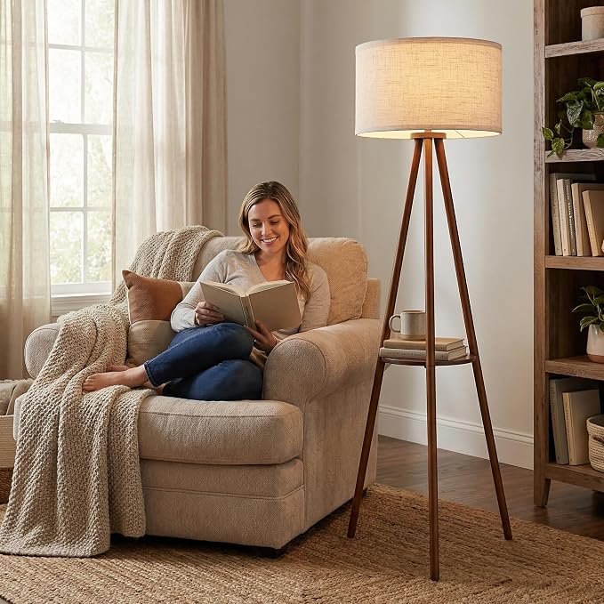 Modern Floor Lamp with White Drum Shade, Wood and Metal Construction, Adjustable Height, for Living Room, Bedroom, Office