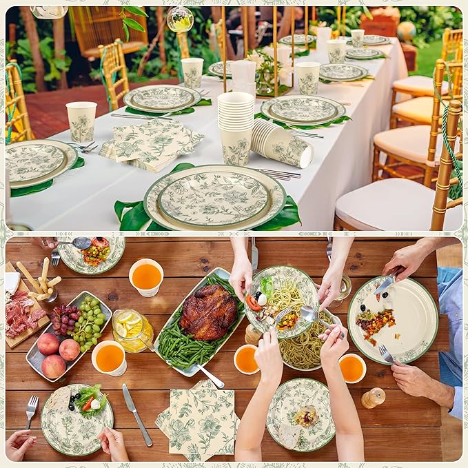 96 Pieces Sage Green Floral Party Supplies Elegant Floral Disposable Tableware Set Includes 9 Inch and 7 Inch Paper Plates, Cups, Napkins Serves 24 Guests for Birthday Baby Shower Wedding