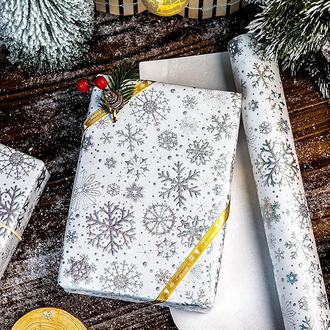 Flyhill Kraft Christmas Wrapping Paper-Silver Snowflake Metallic Embossed Foil Luxury Gift Wrap Roll Design for Holiday, Party,Celebration, New Year (17 Inch X 32.8 Feet)