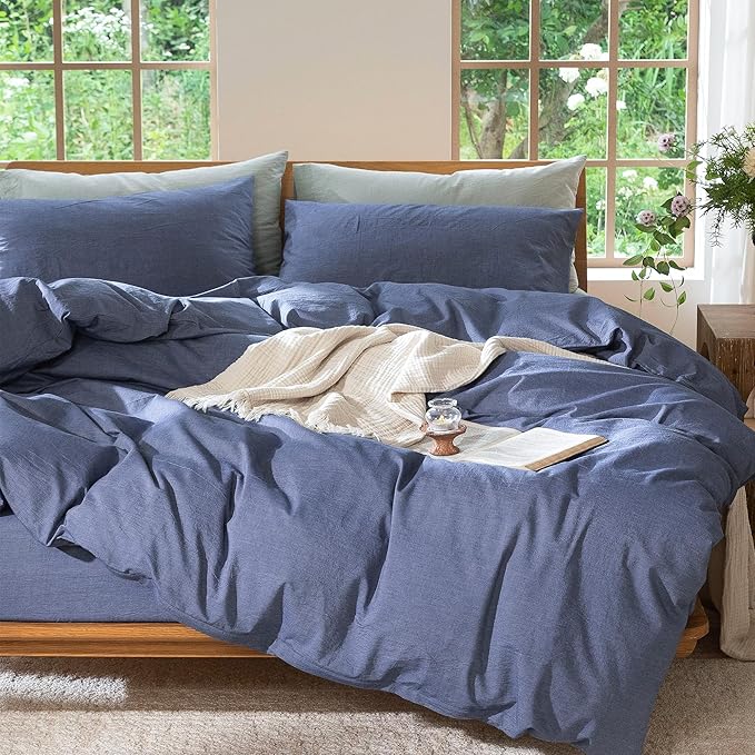 MooMee Bedding Duvet Cover Set 100% Washed Cotton Linen Like Textured Breathable Durable Soft Comfy (Heathered Blue, Oversized King Plus 128"x120")