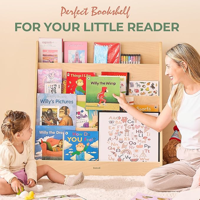 Kids Bookshelf for Toddlers and Babies, Wooden Montessori Bookshelf for Kids Room, Baby Book Shelf with Storage for Nursery, Classroom, Playroom