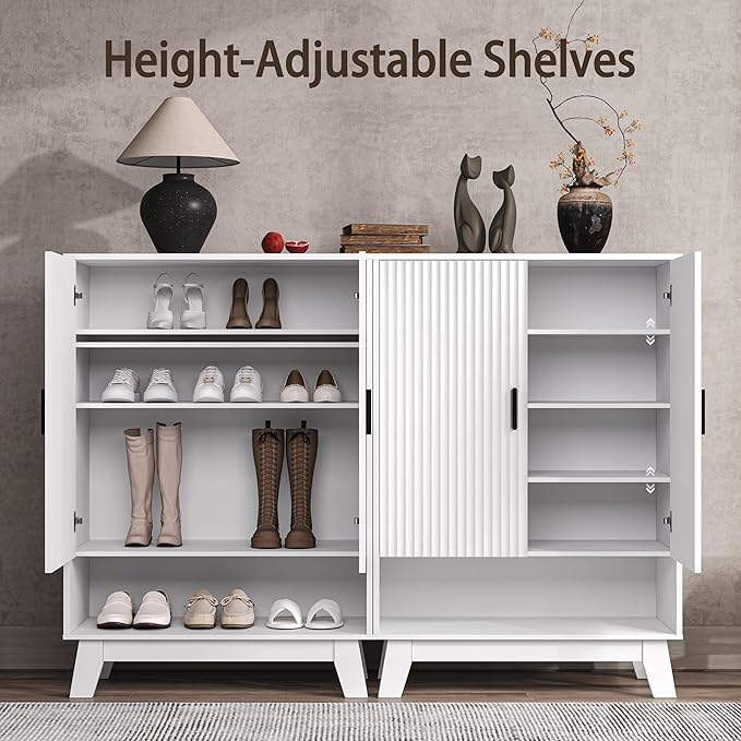 BOXACTION 4-Tier Fluted Shoe Cabinet with 2 Doors & Open Shelf, Mid Century Modern Shoe Storage Organizer with Adjustable Shelves, Metal Handles & Wood Legs, Hidden Shoe Rack for Entryway, Hallway