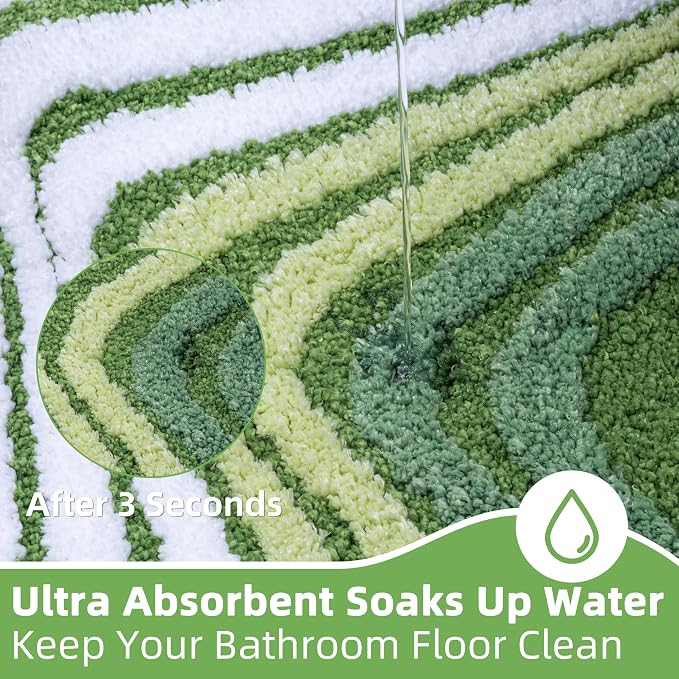 Funky Green Bathroom Rug, Non Slip Plush Microfiber Absorbent Bath Mat with 3D Striped Pattern, High Pile Tufted Shower Rug for Sink, Toilet, Tub, Machine Washable, 16"x24"