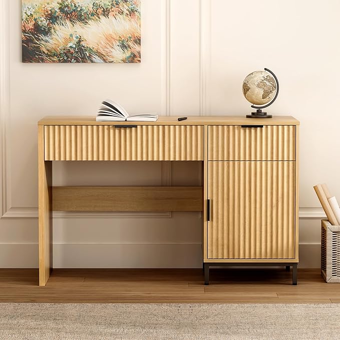 47" Fluted Executive Desk, Modern Wood Home Office Desk with Charging Station, Drawer & Cabinet, Computer Writing Desk for Work Study, Natural Oak