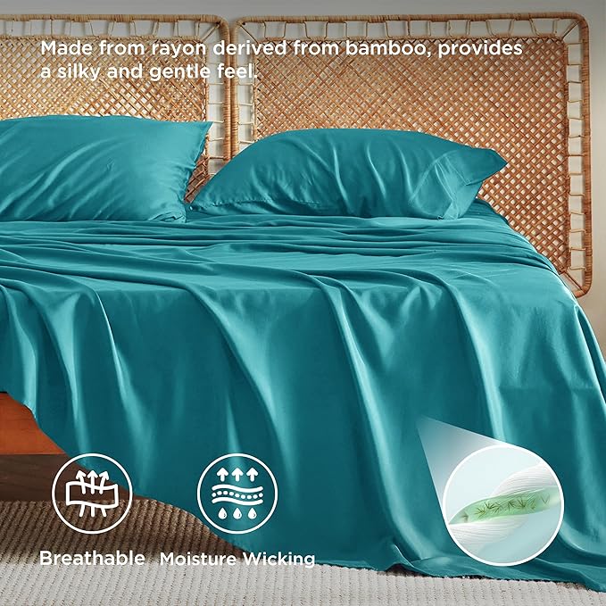 Bedsure Queen Sheet Set, Rayon Derived from Bamboo, Cooling Sheets, Breathable & Soft, Deep Pocket Up to 16 Inches, Hotel Luxury Silky Bedding for Hot Sleepers, Turquoise