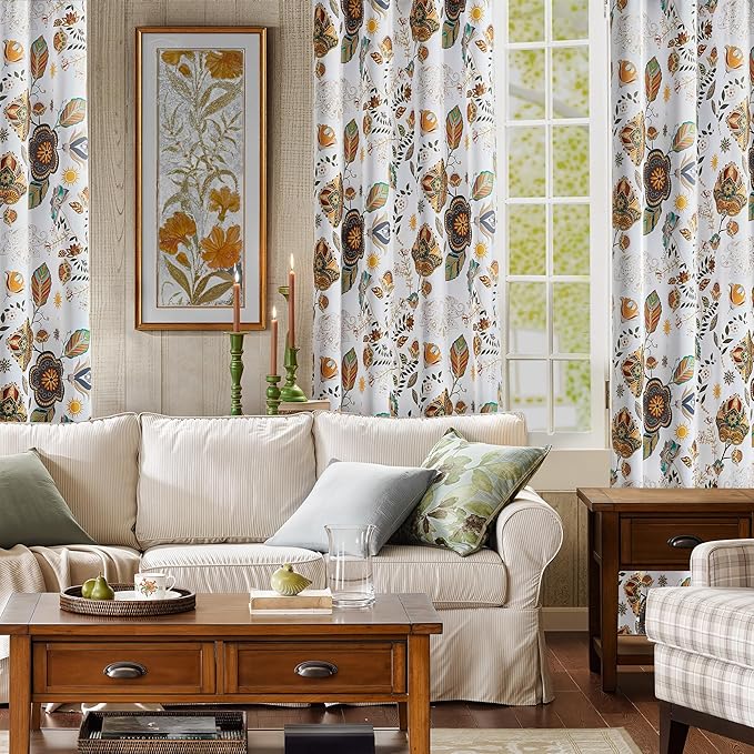 White Vintage Fancy Floral Patterned Blackout Curtains 63 Inch Length Shabby Chic Farmhouse Curtains for Bedroom Living Room Darkening Mid Century Colorful Grommet Black Out Drapes 2 Panels 52x63