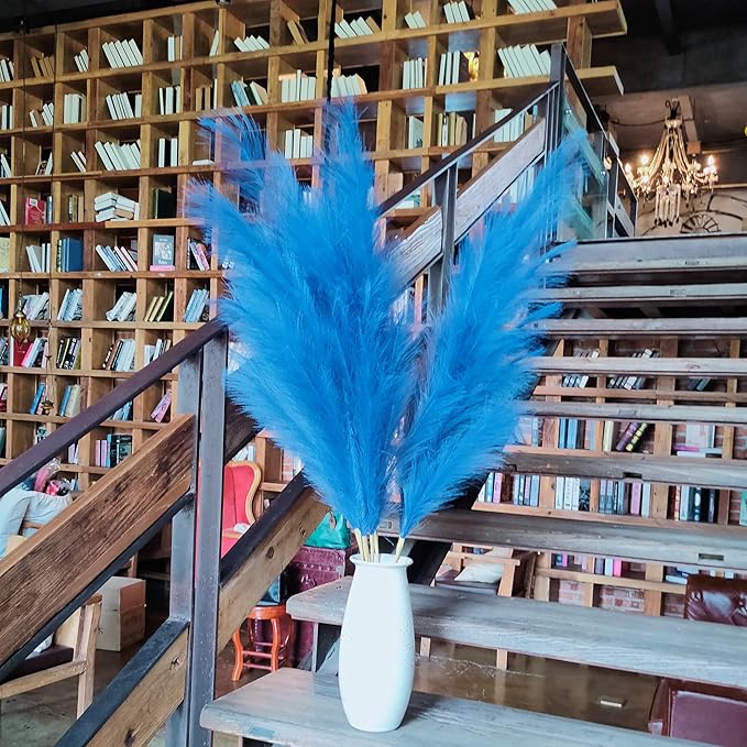 Premium Faux Pampas Grass Decor Tall & Fluffy, No Assembly Needed Long Pampas, Luxury Large Floral, Elegant Feather Flowers for Wedding Decor (Faux Dark Blue, 8pcs 43.3"(110cm))
