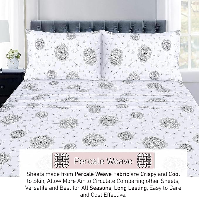 RUVANTI 100% Cotton Full Size Bed Sheets, 4 Pieces, Soft & Breathable Percale Weave Bedding, Deep Pocket 16", Hotel Standard, Crisp Cool Feel, Durable, Perfect Sheet Set Floral, Dandelion