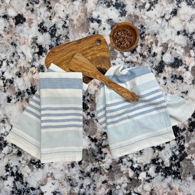 Serafina Home Blue White Kitchen Hand Dish Towels: Oversized 28" x 16",100% Cotton Cloth Soft Cleaning Drying Absorbent Striped Design, Set of 3 Multipurpose for Everyday Use (Blue Monica)
