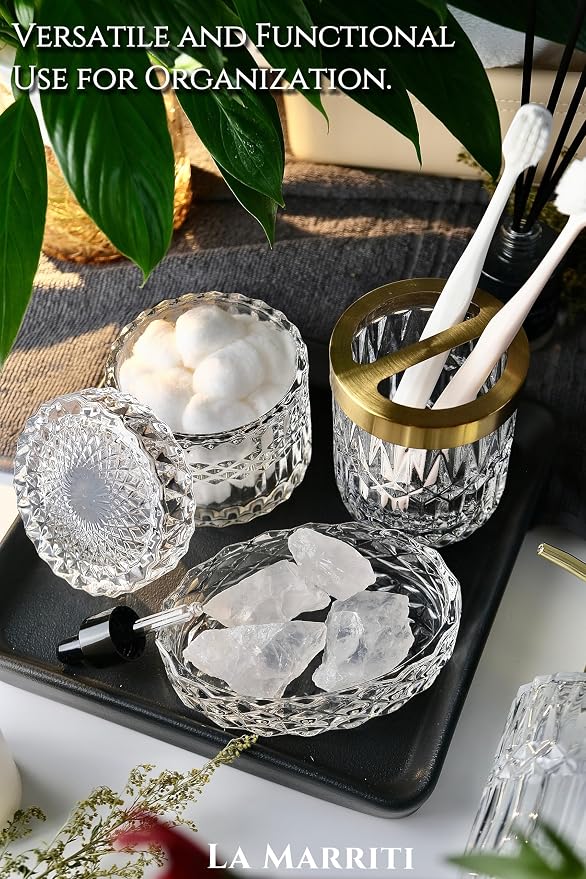 LaMarriti Clear Bathroom Accessories Set, 5pcs Crystal Glass Bathroom Set Accessories, Soap Dispenser, Toothbrush Holder Set, Soap Dish, Tumbler, Qtips Holder for Vintage Bathroom Decor, Gift Set