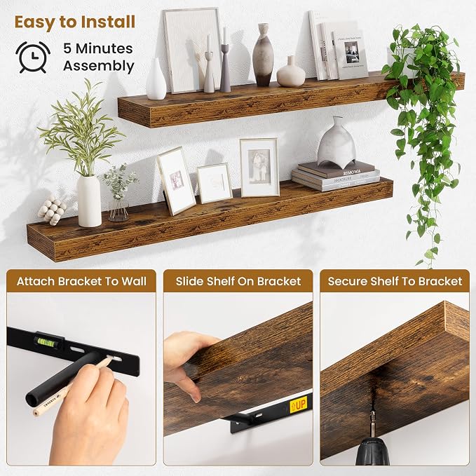 Fun Memories 40 Inch Floating Shelves, Long Wood Wall Shelf Set of 2 with Invisible Brackets, for Bathroom, Living Room, Bedroom, Kitchen, Rustic Brown