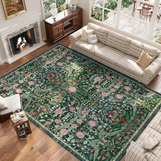 AMTOVO 8x10 Washable Area Rugs for Living Room, Non-Slip Large Soft Boho Floral Vintage Accent Print Carpet for Bedroom Dorm Dining Room Farmhouse Nursery Playroom Home Office, Dark Green