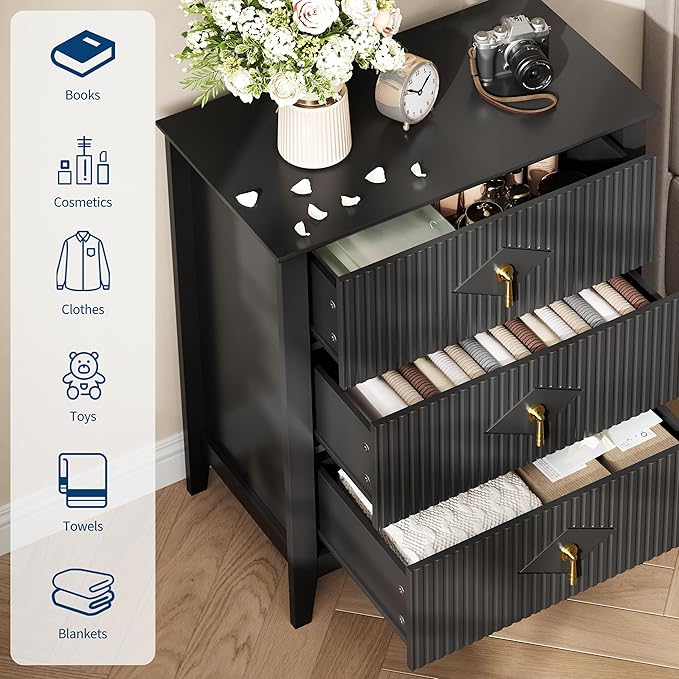 GarveeHome 2Pcs Wood Nightstand Fluted Dresser for Bedroom, 27.5" Wide 3-Drawer Bedside Tables, Modern Chest of Drawers, Storage End Table Living Room, Hallway, Entryway, Black