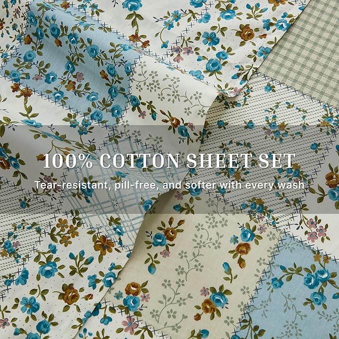 Shabby Chic Floral Patchwork Sheets Set Queen Size, Crisp Cooling Sheets with a Smooth Cotton Percale Lightweight Feel, 4 Pieces Luxury Soft Deep Pocket Fitted Sheet 17.5''