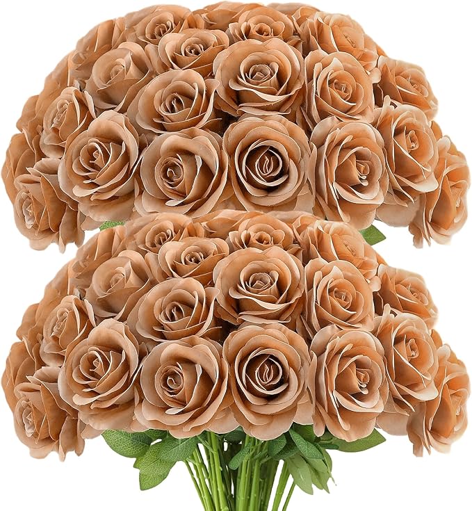 Artificial Rose Flower Artificial Flowers Flower with Long Stem Silk Roses Bouquet for Wedding Bridal Shower Party Home Decoration (Terracotta, 50 Pcs)