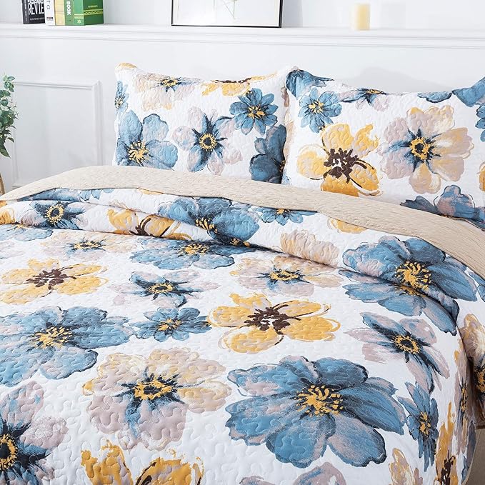 HoneiLife Quilt Set King Size - 3 Piece Microfiber Quilts Reversible Bedspreads Patchwork Coverlets Floral Bedding Set All Season Quilts- Splash-Ink Painting