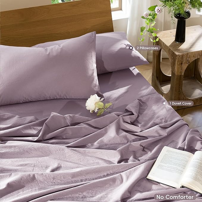 MooMee Bedding Duvet Cover Set 100% Washed Cotton Linen Like Textured Breathable Durable Soft Comfy (Solid Taro Purple, Super King 108"x98")
