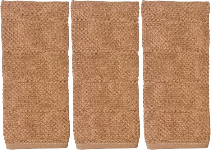 Beige Clay Peach Blush Tan Pink Kitchen Hand Dish Towels: Oversized 28" x 18",100% Cotton Cloth Soft Cleaning Drying Absorbent Textured Design, Set of 3 Multipurpose for Everyday Use (Sandstone)