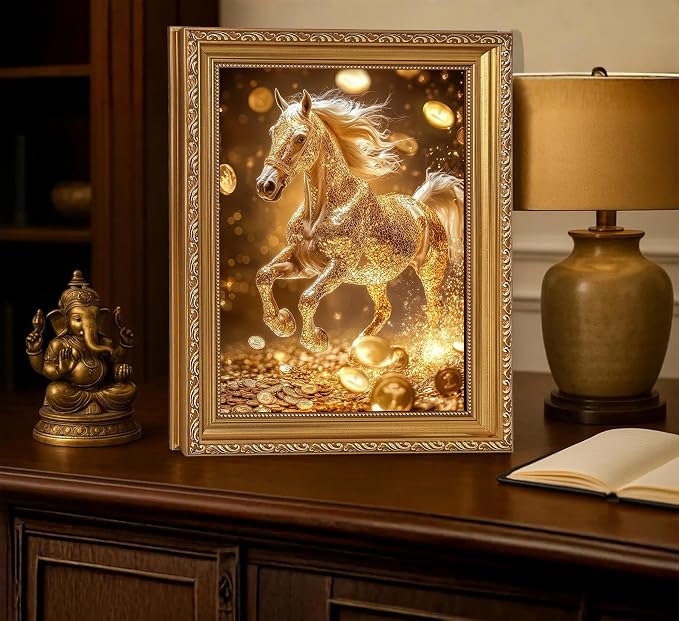 Vintage Gold Framed Gold Horse wall art Golden Money and Horse Wall Decor Wealth and Horses print artwork for office Business People Living Room home decor 9X11in