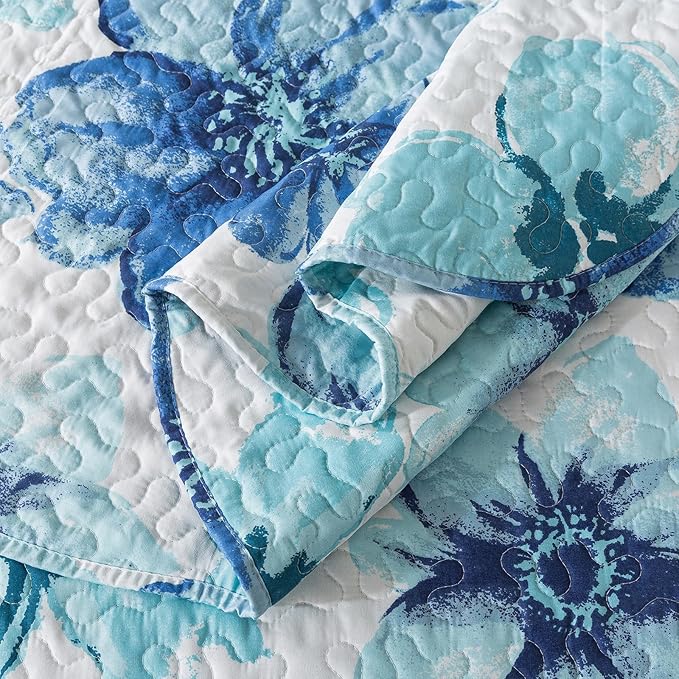 HoneiLife Quilt Sets Queen Size - 3 Piece Microfiber Quilts Reversible Bedspreads Print Coverlets Floral Bedding Set All Season Bedcover- Splash-Ink Painting,Blue & Cyan