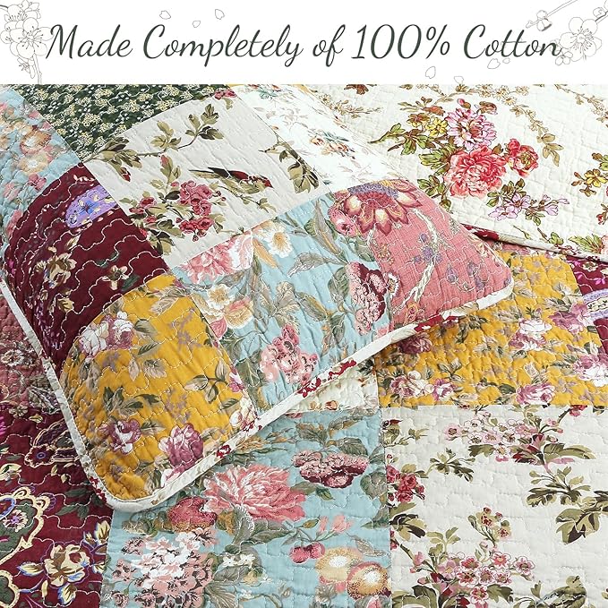 Cozy Line Home Fashions 100% Cotton Authentic Patchwork Quilt Bedding Set, Floral Vintage Antique Chic Reversible Coverlet Bedspread (Harvest, King - 3 Piece)