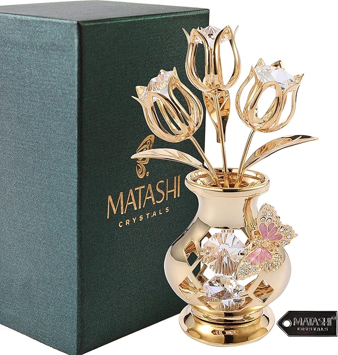 Matashi 24K Gold Plated Crystal Studded Flower Ornament in a Vase with Decorative Butterfly, Christmas, Mother's Day, Valentine's Gift, Tabletop Centerpiece (Clear Crystals)