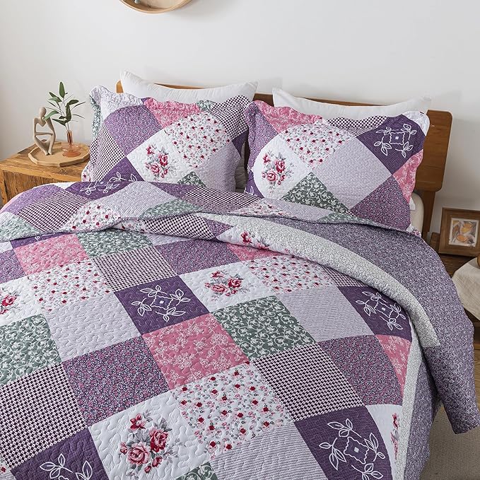 HoneiLife Oversized King Quilt 120x120-3 Pcs California King Bedspreads, Extra Large Quilt Sets All Season Use,Rustic Bedding Sets King Size,Reversible Coverlet Microfiber Bed Quilts, Purple