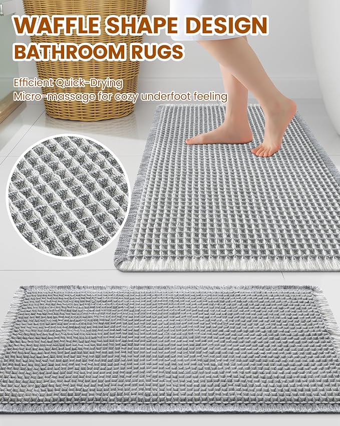 Smiry Waffle Bath Mat 36x24, Extra Soft Absorbent Bathroom Rugs, Non Slip Machine Washable Quick Dry Bath Rugs for Bathroom Floor, Tub, Shower, Home Decor Accessories, Lightgrey & Cream