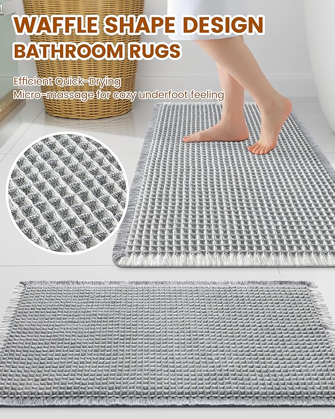 Smiry Waffle Bath Mat 30x18, Extra Soft Absorbent Bathroom Rugs, Non Slip Machine Washable Quick Dry Bath Rugs for Bathroom Floor, Tub, Shower, Home Decor Accessories, Lightgrey & Cream