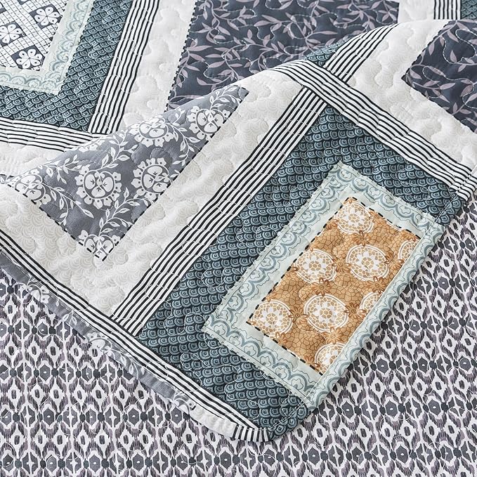 HoneiLife Queen Quilt Bedding Set - 3 Pieces Microfiber Quilt Sets Lightweight Bedspreads Reversible Coverlets Rustic Bed Cover Floral Bedding Set All Season Quilts-Grey