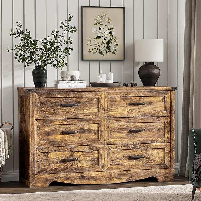 Dresser for Bedroom with 6 Drawers, 48" Wide Wood Chest of Drawers with Deep Drawers & Mental Handle, Wooden Dresser TV Stand, Modern Closet Storage Organizer for Living Room, Hallway, Entryway, Brown