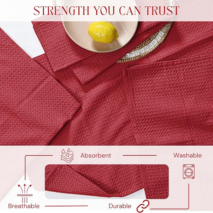 Red Waffle Kitchen Towels, 100% Cotton, Quick Dry, Super Absorbent, Soft, Lint-Free, 16x26 Inches, with Hanging Loop - Ideal for Dish Drying, Bar, Tea, Cleaning & Everyday Use, 4 Pack