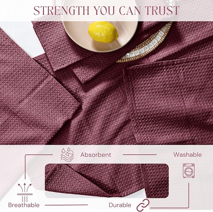 Burgundy Kitchen Towels – Waffle Weave, 100% Cotton, Soft & Absorbent, Fast Dry, Durable, 16x26 Inches, Perfect for Dish Drying, Bar, Cleaning, Hand Wipe and Everyday Use, Set of 4
