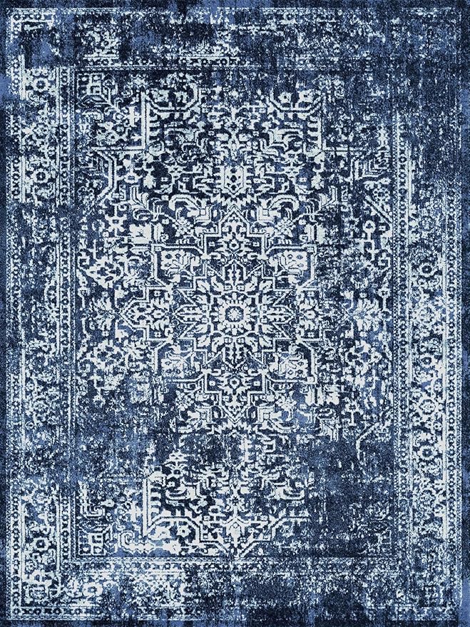 vivorug 5x7 Area Rugs, Stain Resistant Washable Rug for Living Room, Vintage-Inspired (Navy Blue, 5'x7')