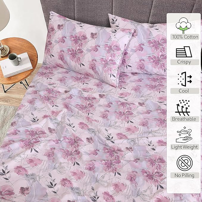 RUVANTI 100% Cotton California King Sheet Sets, 4 Pieces, Soft & Breathable Percale Weave Bedding, Deep Pocket 14", Hotel Standard, Crisp Cool Feel & Durable, Perfect Floral Sheets, Lilac Floral