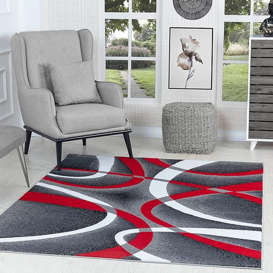 GLORY RUGS Modern Red Area Rug 4x6 Grey Swirls Carpet Bedroom Living Room Contemporary Dining Accent Sevilla Collection 4816A (Red)