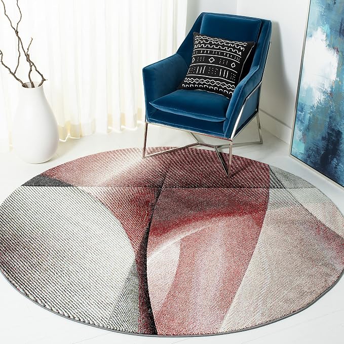 SAFAVIEH Hollywood Collection 6'7" Round Grey / Red HLW715Q Mid-Century Modern Non-Shedding Dining Room Entryway Foyer Living Room Bedroom Area Rug