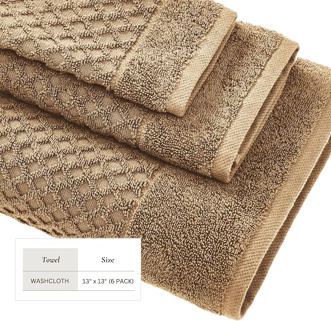 Great Bay Home Brown Washcloths - 100% Cotton 6 Pack 13x13 Washcloth Set - Absorbent, Durable, Quick-Dry Face Towels for Bathroom (Mocha)