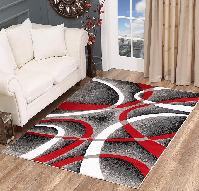 GLORY RUGS Modern Area Rug 8x10 Red Swirls Carpet Bedroom Living Room Contemporary Dining Accent Sevilla Collection 4816A
