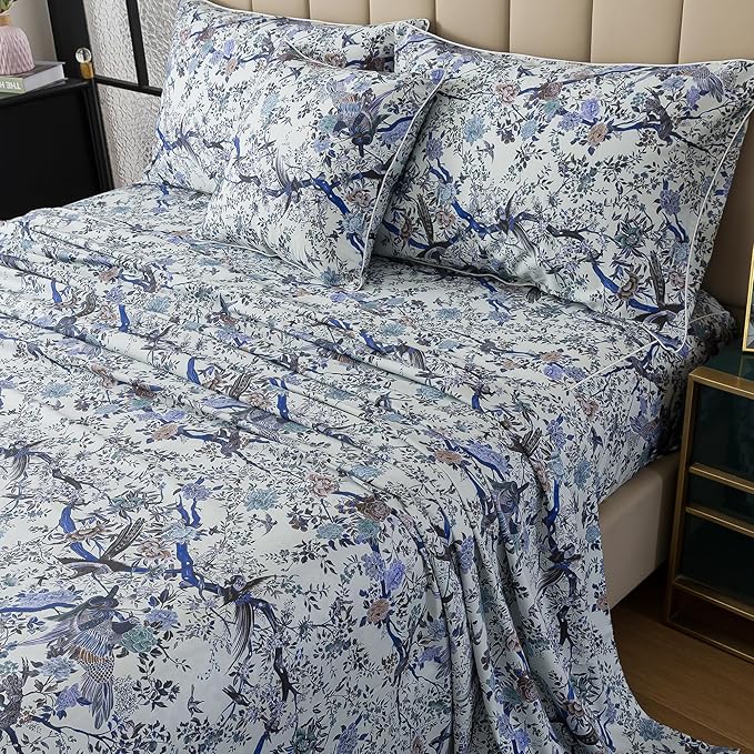 FADFAY Sheets Set Twin XL Botanical Bird Floral Bed Sheets Set Vintage Blue Farmhouse Bedding Shabby Branches Bedding Collections 100% Egyptian Cotton Breathable Soft Deep Pocket 4Pcs, Twin XL Size