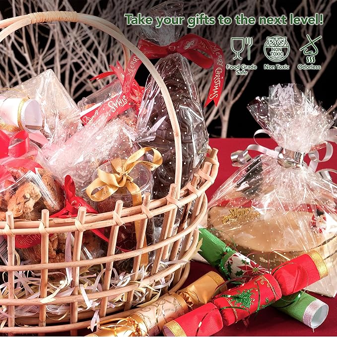 Extra Large Cellophane Gift Bags 30 x 40 Inch (12 Pack) — Clear Basket Wrap Bags for Gift Baskets, Holiday Packaging, Party Favors, DIY Gifts (Ribbon & Basket Not Included)