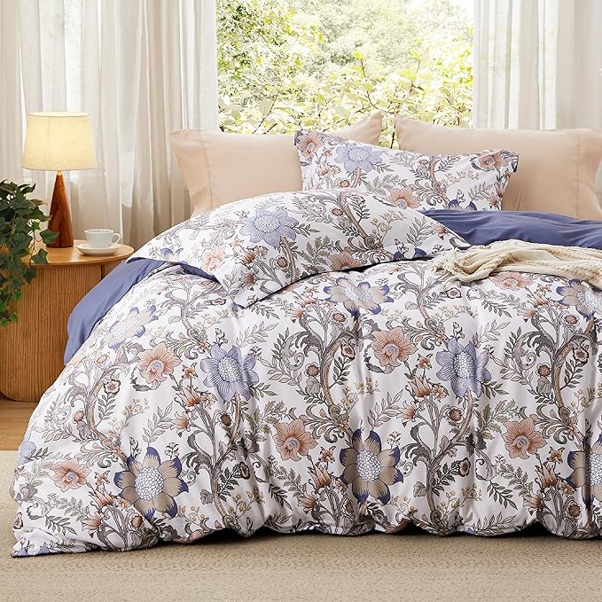 Bedsure Duvet Cover King Size - Reversible Blue Floral Duvet Cover Set with Zipper Closure, 3 Pieces Blossom Patterned Bedding Set with 8 Corner Ties and 2 Pillow Shams 20"x36"