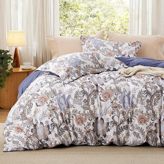 Bedsure Duvet Cover King Size - Reversible Blue Floral Duvet Cover Set with Zipper Closure, 3 Pieces Blossom Patterned Bedding Set with 8 Corner Ties and 2 Pillow Shams 20"x36"