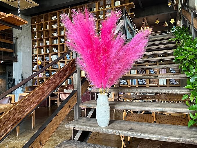Premium Faux Pampas Grass Decor Tall & Fluffy, No Assembly Needed Long Pampas, Luxury Large Floral, Elegant Feather Flowers for Wedding Decorations (Faux Hot Pink, 8pcs 43.3"(110cm))