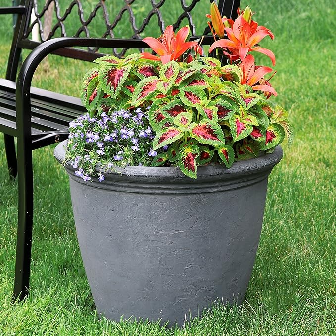 Sunnydaze 20-Inch Anjelica Large Plastic Pot for Plants - Double-Walled Outdoor Polyresin Round Planter Porch Pot with Drillable Drainage Holes - Slate