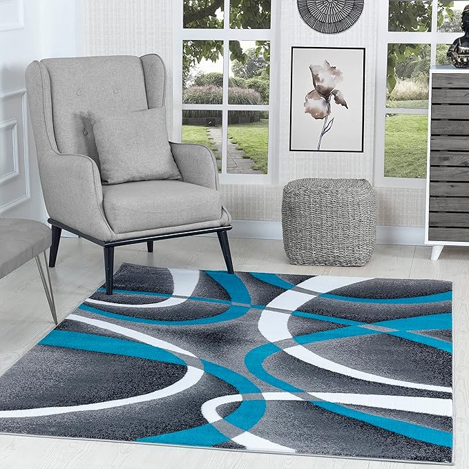 GLORY RUGS Modern Area Rug 4x6 Turquoise Swirls Carpet Bedroom Living Room Contemporary Dining Accent Sevilla Collection 4816A