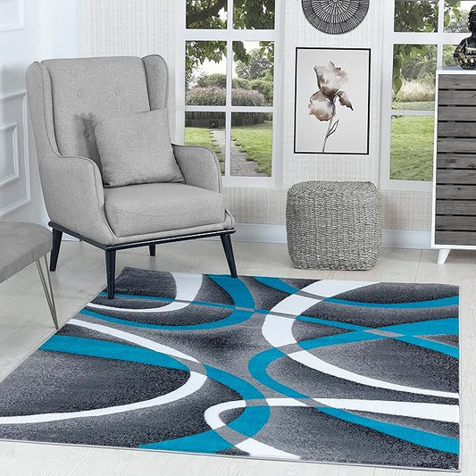 GLORY RUGS Modern Area Rug 4x6 Turquoise Swirls Carpet Bedroom Living Room Contemporary Dining Accent Sevilla Collection 4816A