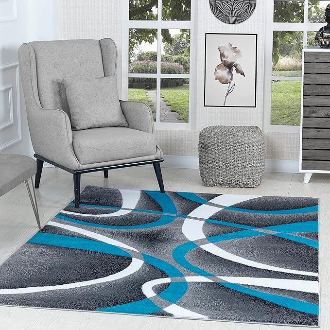 GLORY RUGS Modern Area Rug 8x10 Turquoise Swirls Carpet Bedroom Living Room Contemporary Dining Accent Sevilla Collection 4816