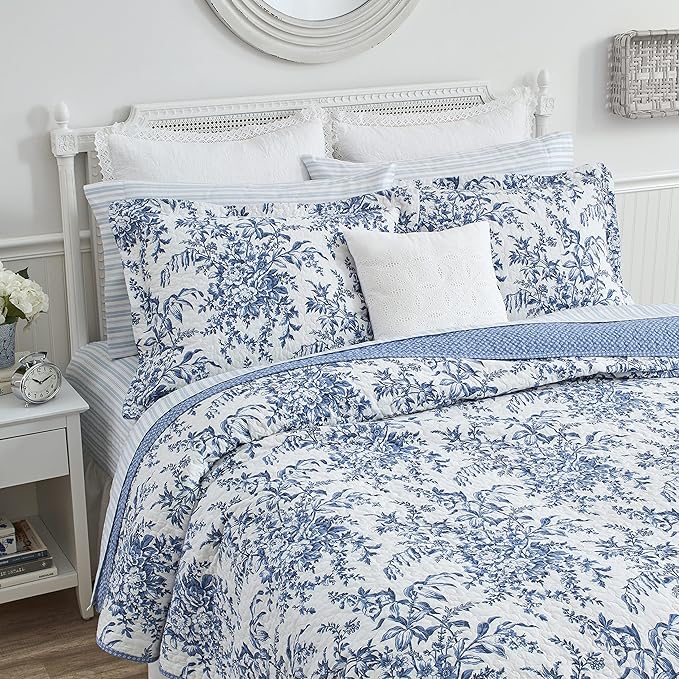Laura Ashley - Twin Quilt Set, Reversible Cotton Bedding with Matching Sham, Medium-Weight for Year Round Use, Dorm Essentials (Bedford Delft Blue)