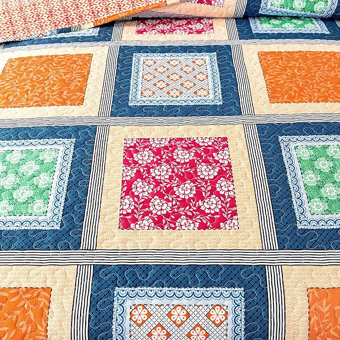 HoneiLife Quilt Set Queen Size - Retro Bedspreads 3-Pieces,Lightweight Coverlets for Queen Bed,Patchwork Bed Cover, Queen Quilt Bedding Set All Season Quilts-Orange